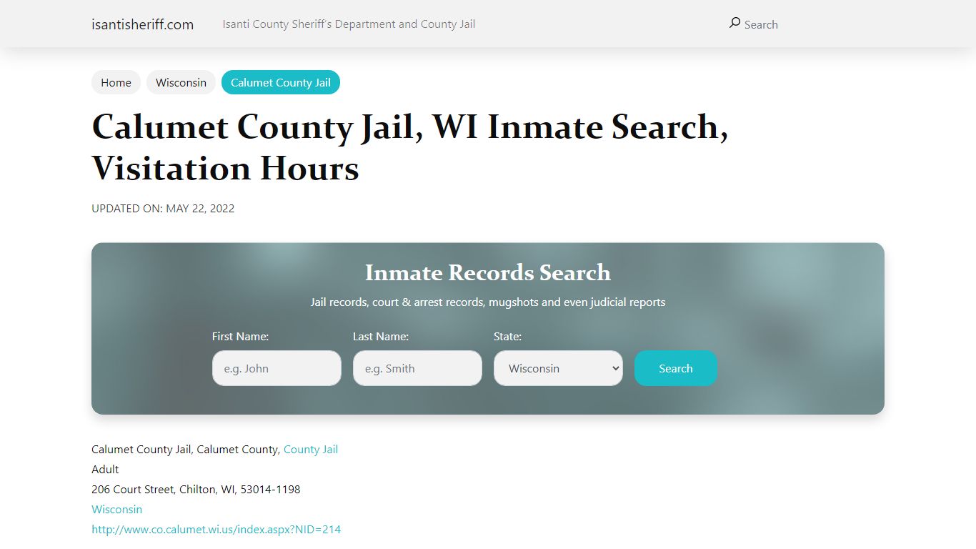 Calumet County Jail , WI Inmate Search, Visitation Hours