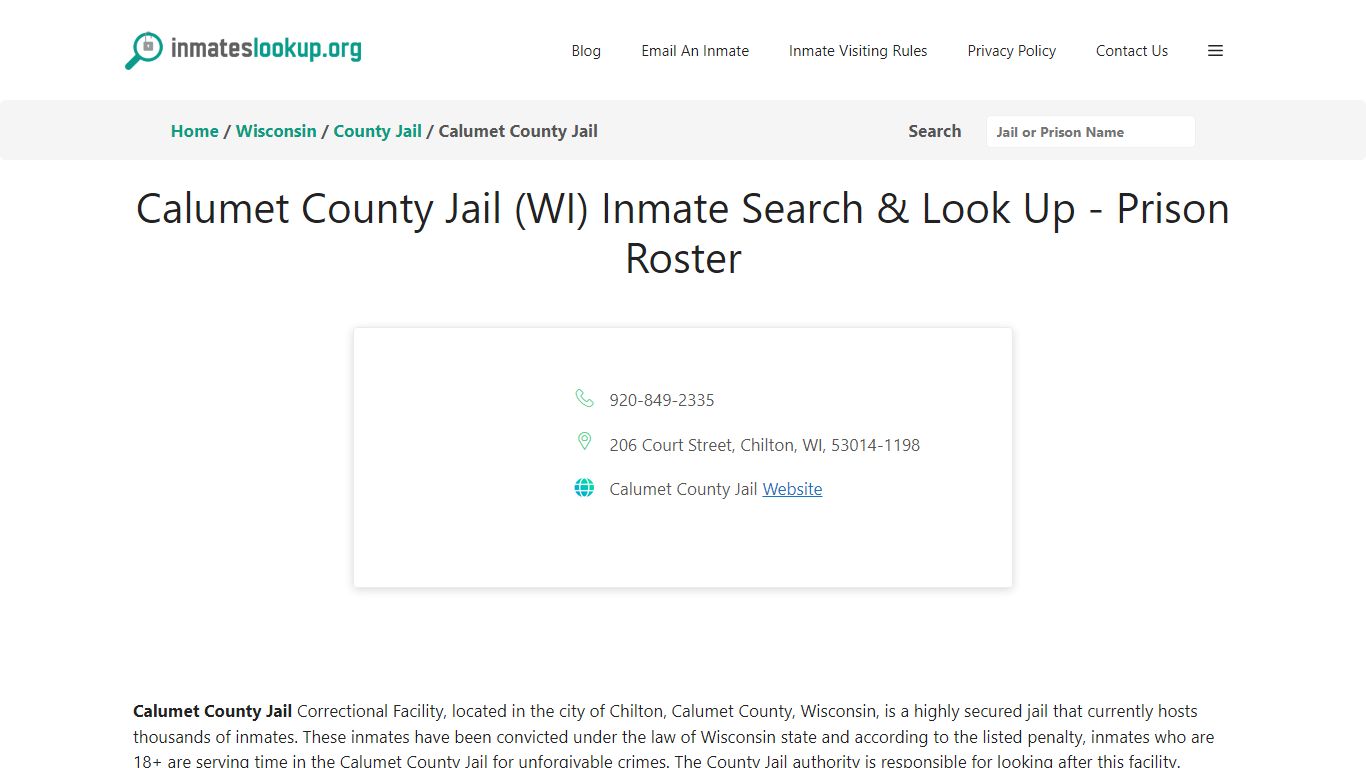 Calumet County Jail (WI) Inmate Search & Look Up - Prison Roster